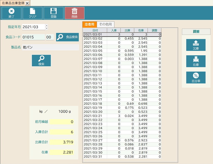 在庫品管理画面